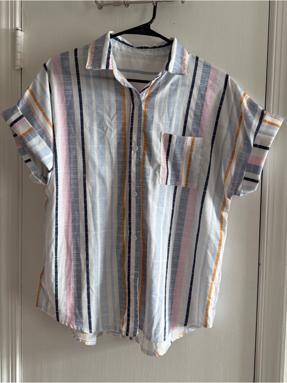 Light Blue Striped Short-Sleeve Women’s Shirt Size L